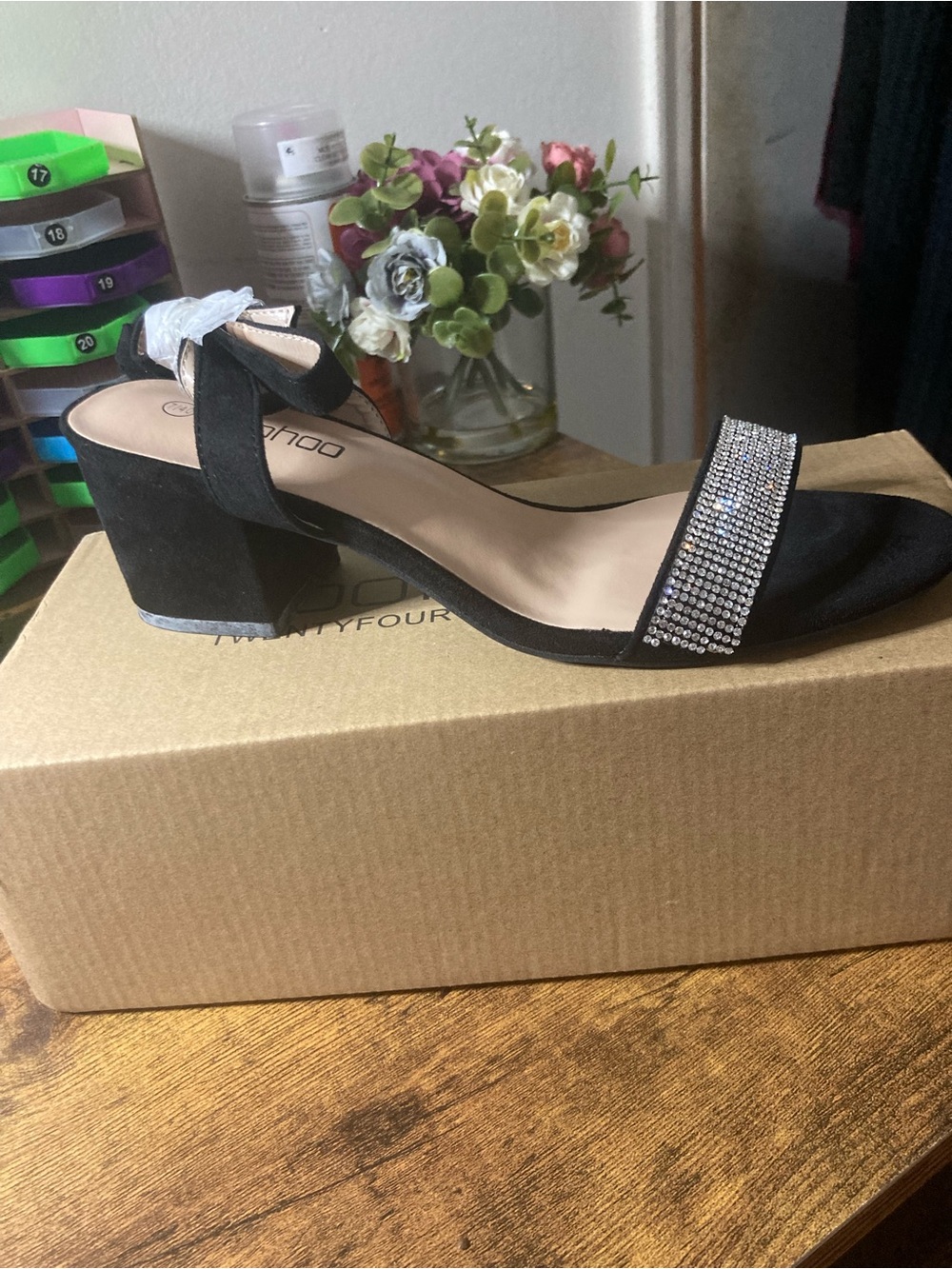 Qupid Black Mid Block Heel Sandal with Rhinestone Front Strap